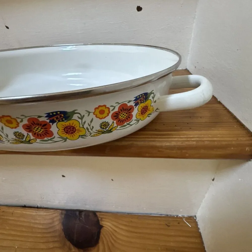 Vintage Enamelware Roasting Pan Retro 70’s Orange Yellow Flowers 13x9.5x2 3/8”D